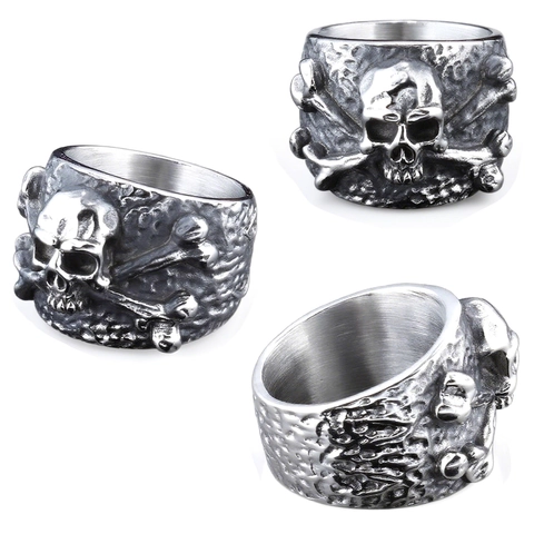 Anello Teschio Acciaio Inossidabile Vintage Punk Gothic Ossa Incrociate Gioielli Per Uomo