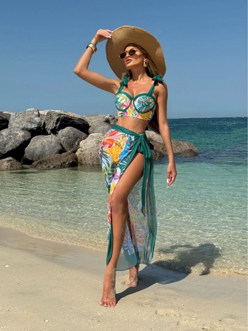 Dames Bikini Top En Broekje Polyester Met Mesh Sarong Rok Tropische Bloemenprint Beugel Gewatteerd Strand Zwemkleding