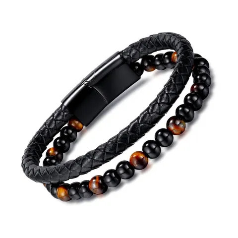 Men Double Layer Bracelet Braided Synthetic Leather Tiger Eye Black Agate Beads Magnetic Stainless Steel Buckle Retro Punk
