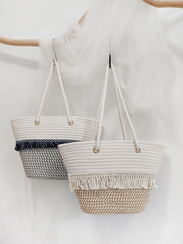 Bohemian Cotton Rope Woven Tote Bag Contrast Color Tassel Large Capacity Beach Vacation Handbag Vintage Style For Women