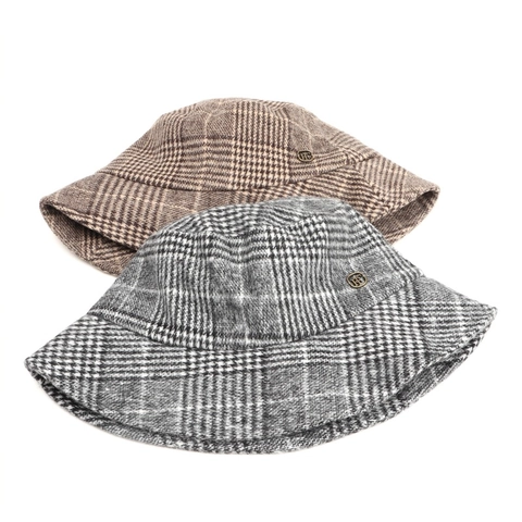 Vintage Plaid Woolen Bucket Hat For Women Flat Top Warm Winter Basin Hat Korean Style Checkered Sunshade Folding Cap