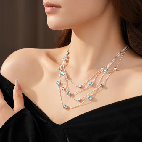 Gelaagde Ketting Voor Dames Multi Layer Zilverkleurige Legering Koper Met Blauwe Zirkonia Elegante Sieraden