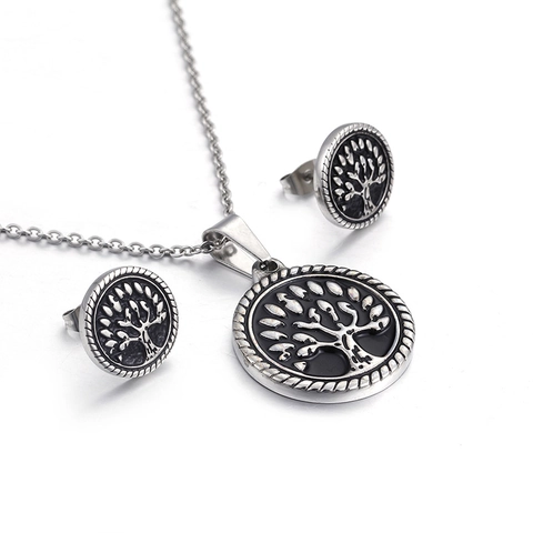 Stainless Steel Jewelry Set Tree Of Life Eye Of Horus Round Pendant Necklace Stud Earrings Vintage Jewelry For Women Men