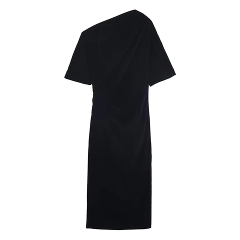 One Shoulder Velvet Dress Asymmetric Sleeveless Bodycon Midi For Women Party Elegant Solid Black