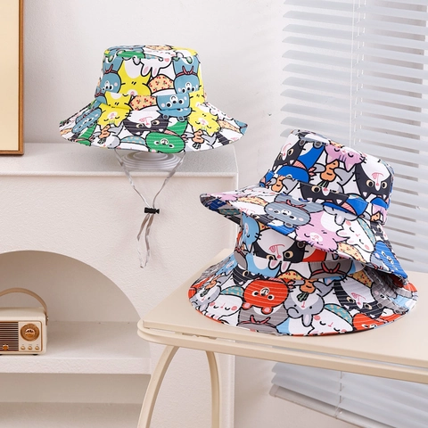 Kids Bucket Hat Cartoon Animal Print Wide Brim Sun Protection Adjustable Windproof Rope Polyester Sun Hat Boys Girls