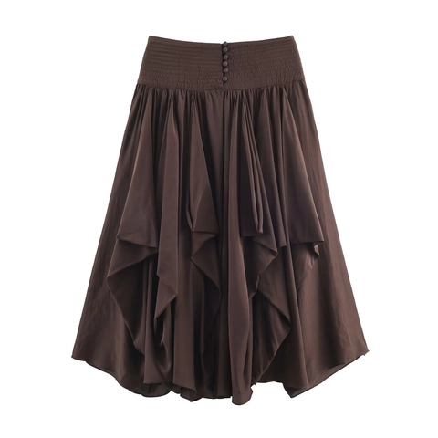 Women Vintage High Waist Layered Ruffle Midi Skirt Asymmetric Smocked Elastic Waist Coffee Brown Polyester Streetwear