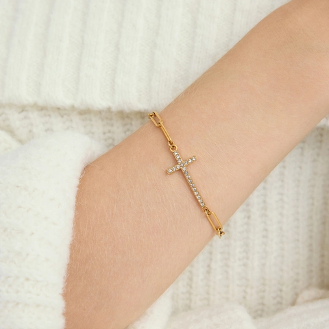 Minimalistische Roestvrijstalen Kruis Armband Voor Dames Vergulde Paperclip Ketting Strass Ingelegde Mode Sieraden Polsbandje