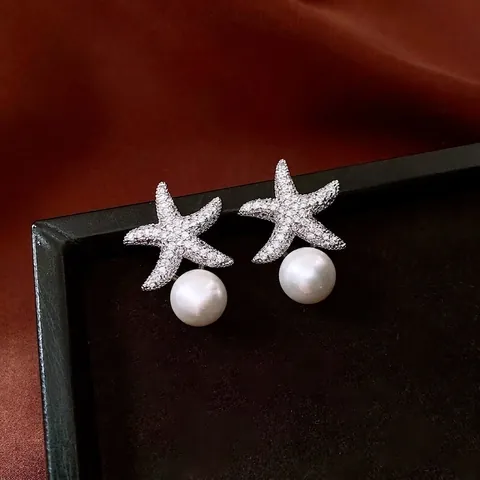 Meerstern Künstliche Perlen Hängeohrringe Pavé Zirkonia Kupfer Elegant Ozean Thema Mit Silber Ohrstecker Für Damen