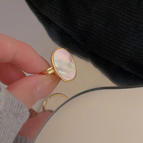 Anello In Argento Sterling 925 Con Conchiglia Di Madreperla Ovale Placcato Oro 18K Minimalista Regolabile Per Donna