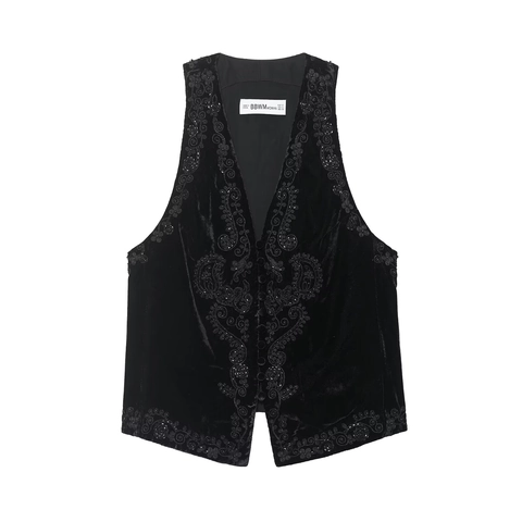 Dames Fluwelen Vest Etnisch Geborduurd Met Kralen Gilet V-Hals Retro Mouwloze Cardigan Top