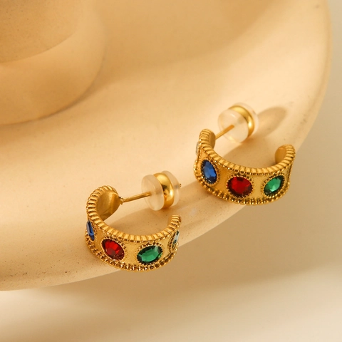 Pendientes De Aro En Forma De C Vintage Para Mujer De Acero Inoxidable Chapado En Oro De 18K Con Zircón Colorido Lujo Ligero