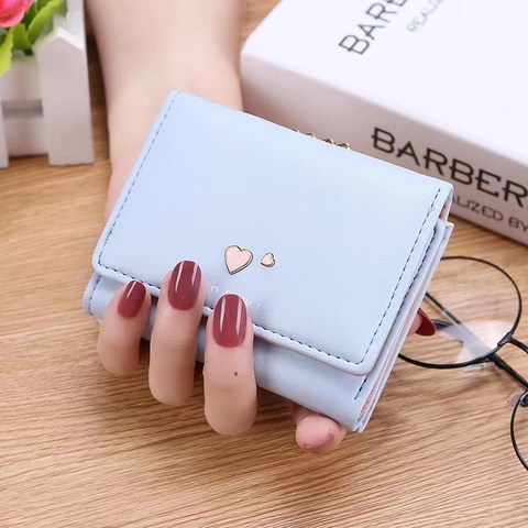 Women Small Wallet Tri-fold Heart Buckle PU Leather Multi Card Slots Coin Purse Compact Fashion