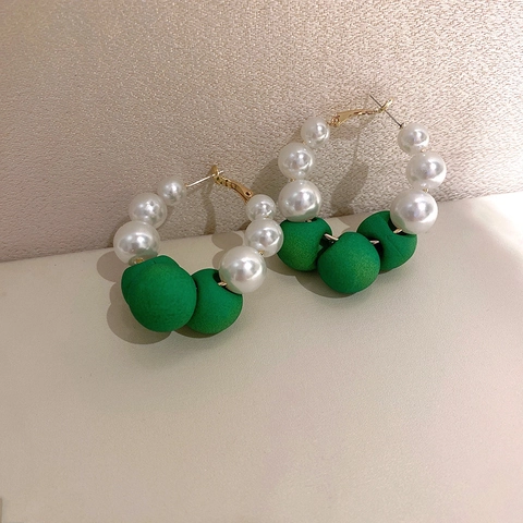 Vintage Hoop Earrings With Imitation Artificial Pearl Green Acrylic Beads And 925 Sterling Silver Earring Post For Women