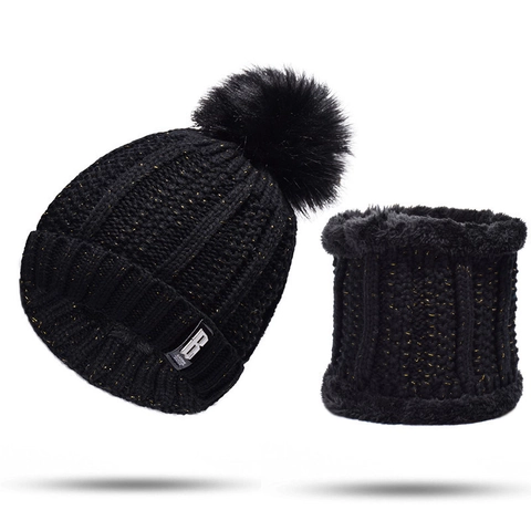 Dames Winter Gebreide Muts En Sjaal Set Warm Dik Fleece Gevoerd Muts Met Kunstbont Pom Pom Outdoor Nekwarmer