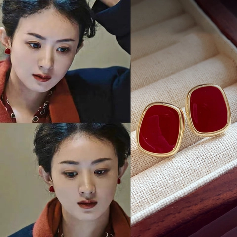 Orecchini Quadrati Geometrici Lega Smalto Rosso Stile Vintage Con Perno Per Orecchini In Argento Gioielli Eleganti Retro Per Donna