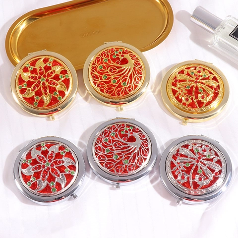 Specchio Da Trucco Portatile Pieghevole Retrò Metallo Vintage Cavo Strass Specchio Da Tasca Per Donne Doppio Lato