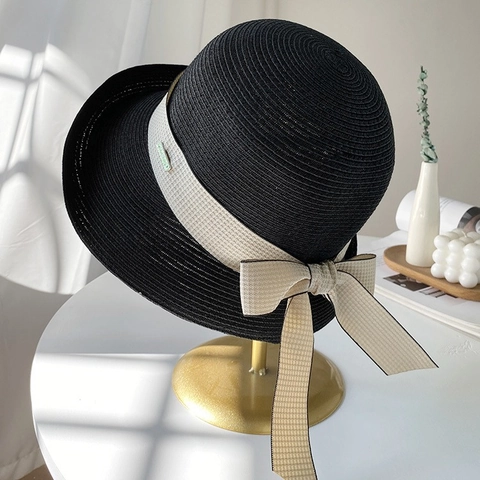 Women Woven Straw Bucket Hat With Bow Ribbon Breathable Summer Beach Sun Hat Elegant Foldable Sunshade