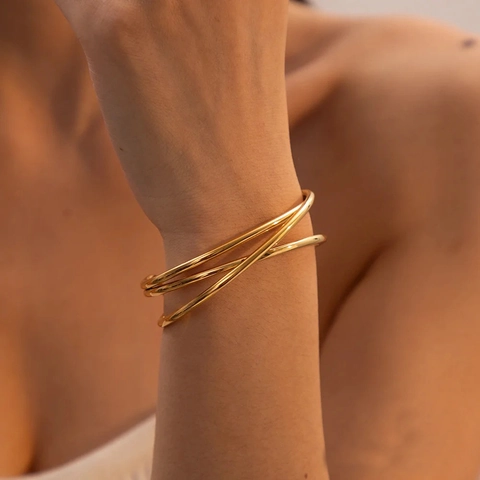 Bracciale A Polsino Aperto Multistrato Linea Geometrica Incrociata Metallo Punk Esagerato Gioielli In Rame Per Donne