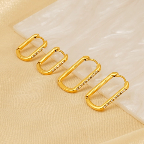 Rectangular Hoop Earrings Stainless Steel 18K Gold Plated Rhinestone Geometric U Shaped Ear Buckles Fashion Jewelry For Women