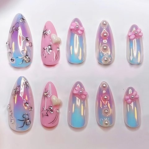 Aurora Gradient Künstliche Nägel Lange Mandel Stiletto Cat Eye Mit 3D Bogen Künstliche Perlen Strass Herz Y2K Stil