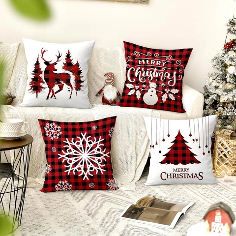 Weihnachts Kissenbezüge Büffelkaro Rentier Schneemann Baum Polyester Dekorative Kissenhüllen Heim Party Festlich