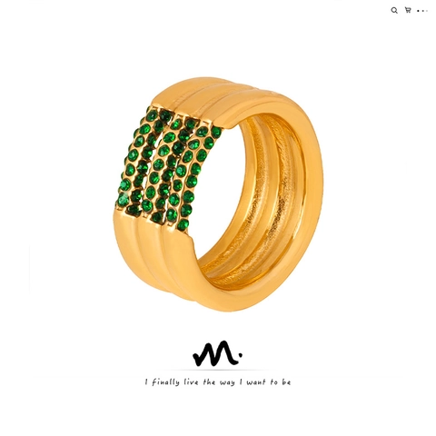 Multi Layer Stacked Ring Stainless Steel Gold Plated White Green Zircon High End Minimalist Jewelry For Women