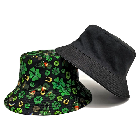 St Patrick's Day Vissershoed Polyester Opvouwbaar Ierse Shamrock Leprechaun Print Zonnehoed Retro Mode
