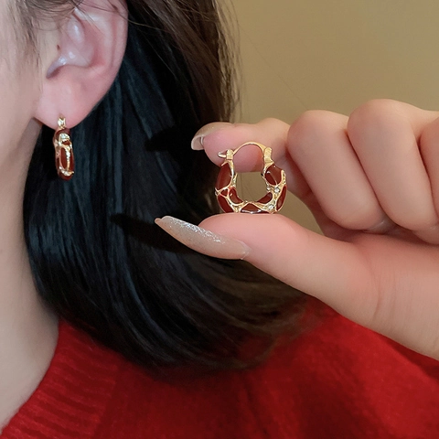 Vintage Rote Emaille U-Form Creolen Mit Strasssteinen Und Silver Earring Post Elegante Geometrische Nischenschmuck Für Damen