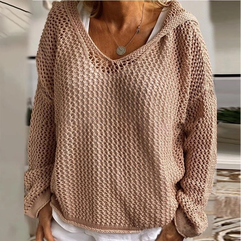 Women Hollow Out Knitted Hooded Sweater V Neck Long Sleeve Loose Crochet Pullover Casual Sun Protection Outerwear Top