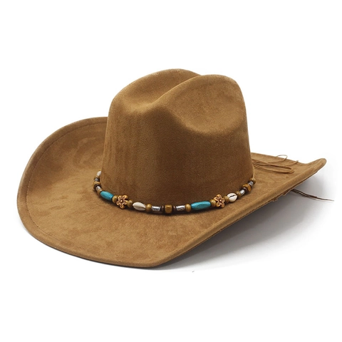 Western Cowboy Hat Faux Suede Ethnic Beaded Band Vintage Wide Brim Fedora Boho Style For Men And Women Adjustable