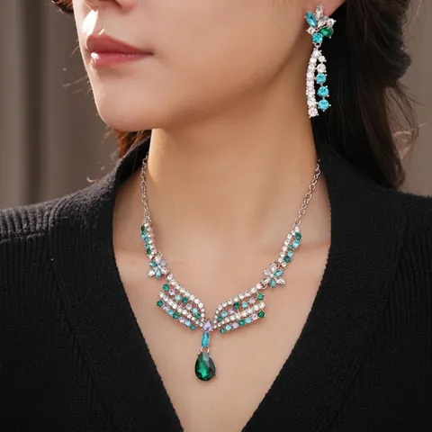 Conjunto Joyas Vintage Aleación Cristal Collar Pendientes Borla Con Silver Earring Post Elegante Gota De Agua Mujer
