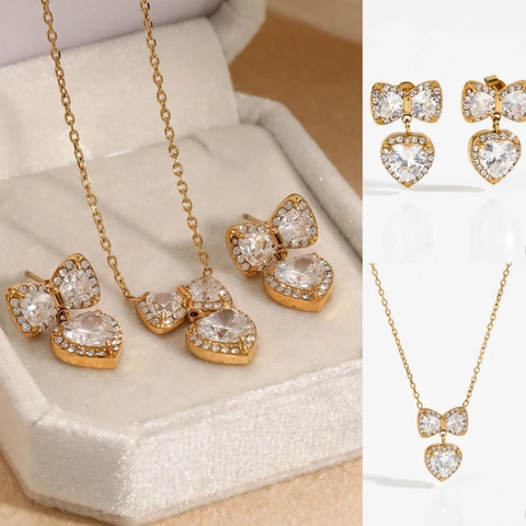 Set Di Gioielli Fiocco E Cuore In Acciaio Inossidabile Collana E Orecchini Con Zirconi Elegante Per Donne