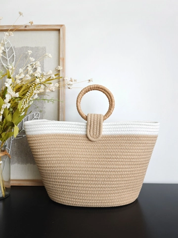 Borsa Tote In Corda Di Cotone Intrecciata Manico Tondo Blocchi Di Colore Borsa A Mano Vacanza Spiaggia Minimalista Casual