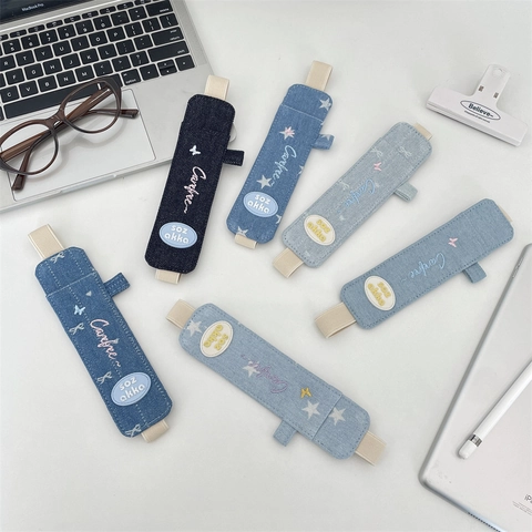 Denim Stylus Holder With Elastic Band Pencil Case For Notebook Tablet Embroidered Star Butterfly Korean Style Pen Pouch