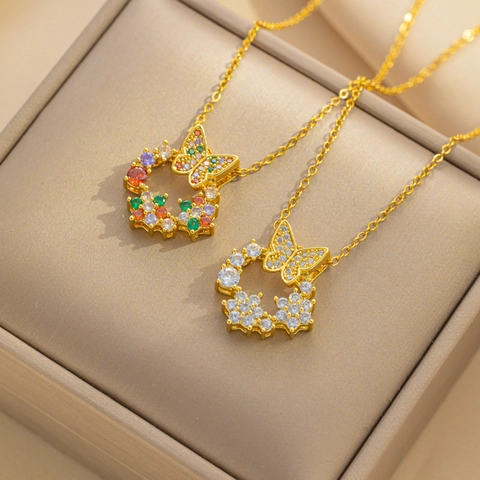Butterfly Bow Pendant Necklace Titanium Steel Colorful Zircon Gold Plated Clavicle Chain Fashion Jewelry For Women