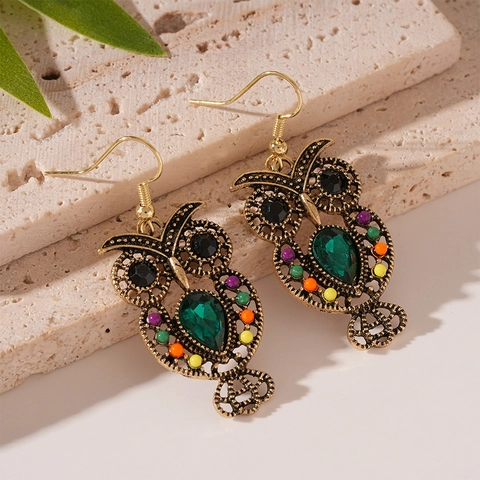 Orecchini A Gancio Civetta Etnici Vintage Lega Con Strass Colorati Pietra Preziosa Verde Cavo Gioielli Boho Per Donne
