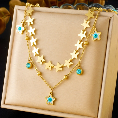 Bohemian Layered Pendant Necklace Stainless Steel Turquoise Star Sun Evil Eye Jewelry For Women