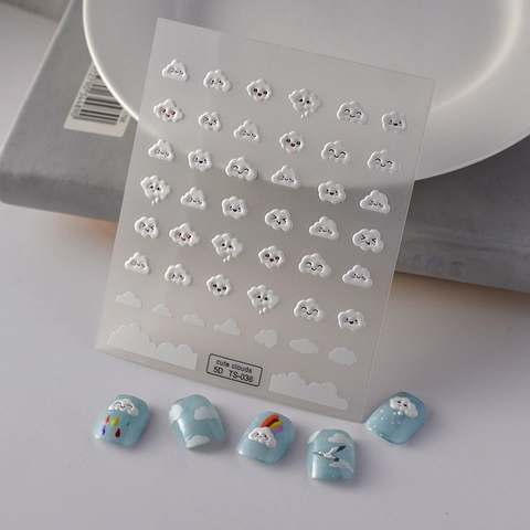Adesivi Unghie 5D Rilievo Nuvola Carina Arcobaleno Goccia Di Pioggia Autoadesivi Decorazione Nail Art DIY