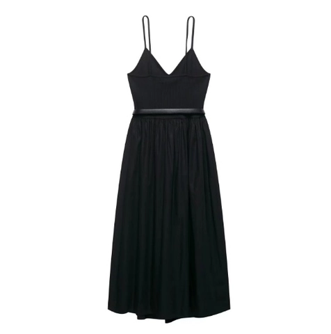 Vestido Midi Elegante Para Mujer Cuello En V Tirantes Finos Punto Acanalado Color Sólido Con Cinturón Decorativo