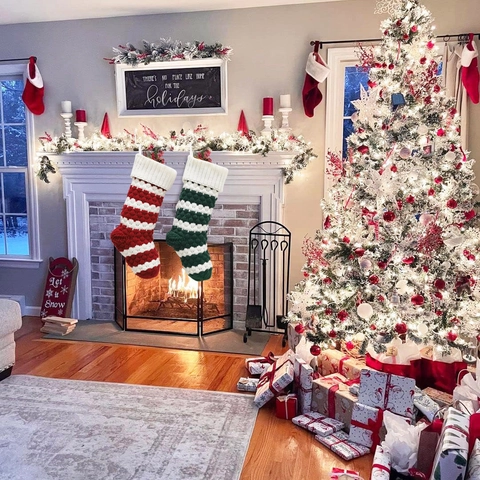 Christmas Stockings Knitted Polyester Striped Hanging Ornament Gift Bag Fireplace Decoration Festive Party Supplies