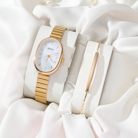 Women Quartz Watch Bracelet Elegant Oval Dial Alloy Steel Strap Fashion Minimalist Gift For Lady