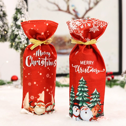 Christmas Wine Bottle Cover Red Fabric Champagne Bottle Sleeve Cartoon Santa Snowman Printed Xmas Dining Table Decorations
