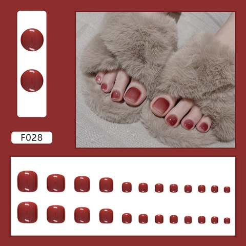 Glossy Wine Red Toe Press On Nails Solid Color Jelly Texture Glossy False Pedicure Nails For Women