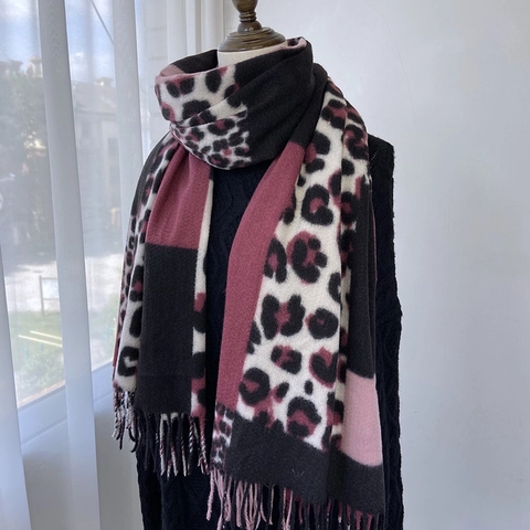 Leopard Print Scarf Faux Cashmere Shawl Color Block Warm Winter Large Wrap With Tassels For Women Fashion Long Scarf