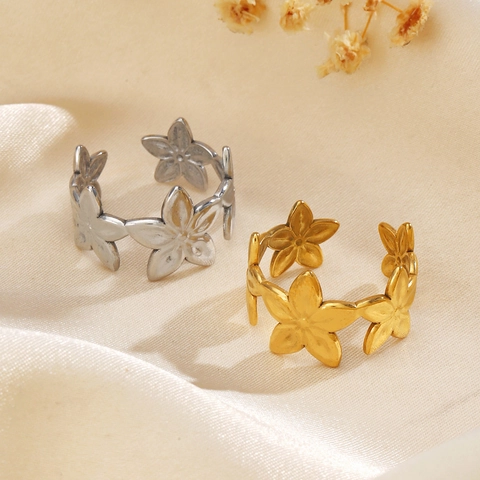 Bloem Ring Roestvrij Staal 18K Verguld Verstelbare Opening Mat Geborstelde Florale Sieraden Voor Dames