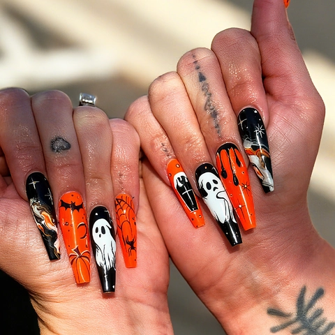 Halloween Long Coffin Press On Nails Ghost Spider Web Bat Pumpkin Glossy False Nails Wearable For Women Party Festive