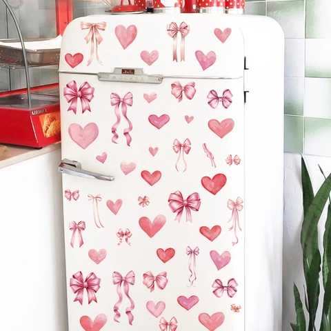 Pink Bow Ribbon Heart Wall Stickers PVC Self Adhesive Romantic Watercolor Window Decals For Valentine Wedding Decor