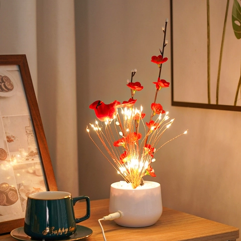 LED Artificial Potted Flower Lamp With Bird Ceramic Base USB Powered Warm Light Festive Christmas Desk Decor Nightlight