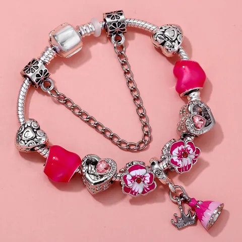 Pandora Style DIY Beaded Charm Bracelet For Women Silver Plated Snake Chain With Rhinestone Enamel Crown Dress Pendants Jewelry