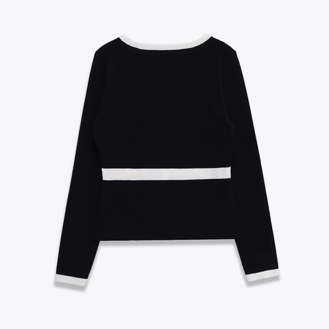 Cardigan Tricoté À Col En V Pour Femmes Bordure Contrastée Manches Longues Boutons Dorés Haut En Polyester Spandex